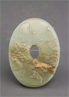 Chinese Hetian Green Jade Carved Disk