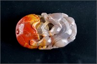 Chinese Fine Agate Carved Dragon and Lotus Toggle