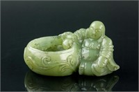 Hetian Green Jade Carved Happy Buddha Waterpot