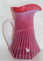OPALESCENT RIBBED CRANBERRY PITCHER W/