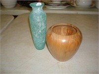 Light Blue Vase and Wooden Bowl