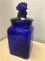 Cobalt Blue Biscuit Jar With Rooster Lid