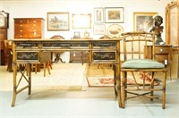 Fine Oriental desk w embossed birds & cane chair