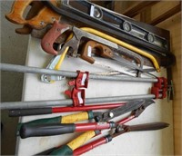 LOT OF 13 TOOLS TO INCLUDE SAWS, CLAMPS,`