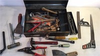 Metal box full of vintage and other tools