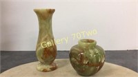 Pair of small green/brown onyx vases-tallest of