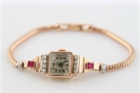 14k Rose Gold Ladies Watch with Ruby and Diamonds