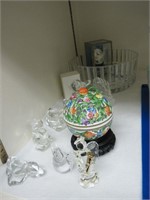 Clear glass serving bowl & figurines