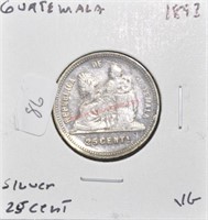 1893 GUATEMALA 25 CENTS SILVER