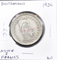 1936 SWITZERLAND SILVER 2 FRANCS   RARE DATE