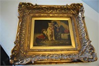 Vintage Oil Painting Dogs & Monkey