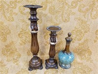 3PC HOME DECOR LOT CANDLE HOLDERS & DECANTER