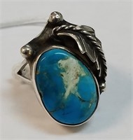 SZ 5.25 STERLING SILVER NAVAJO FEATHER TURQUOISE R