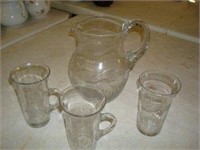 Etched Glass Pitcher and Handled Glasses