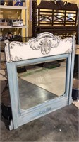 Blue and white painted ornate mirror, has applied