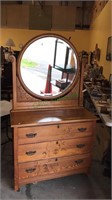 Antique three drawer oak dresser with the mirror,