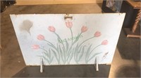 Hand painted tulip steel fire back screen, 26 x 39