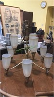 Nine light chandelier with glass shades brass