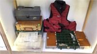 SHELF LOT OF FISHING ITEMS - VEST, LURES, FLY'S &