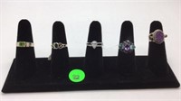 5 STERLING SILVER RING WITH ASSORTED GEMSTONES & S