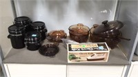 SHELF LOT OF "VISIONS" COOKING POTS, ELECTRIC KNIF