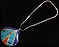 Indian highly inlaid pendant & sterling chain