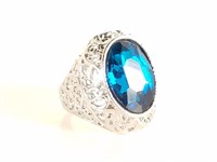 STERLING SILVER FILIGREE RING W LARGE BLUE STONE