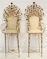 Pair ornate French antique wrought iron chairs