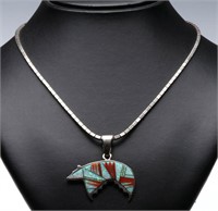 ZUNI STERLING BEAR PENDANT WITH OPAL AND CORAL