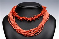 TWO CORAL BEAD NECKLACES