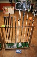 Wooden Golf Club Stand Including Assort. Clubs