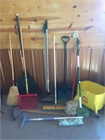 Group of garden tools & mops