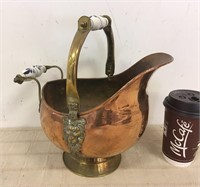 COPPER BRASS COAL PAIL WITH PORCELAIN ACCENTS