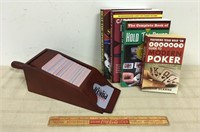 WOODEN POKER CARD SHOE AND BOOKS