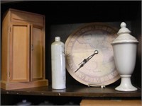 Wood Cabinet, Clock, Ceramic Bottle & Urn