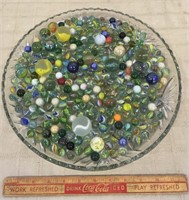 LARGE LOT OF MARBLES WITH GLASS SERVING TRAY