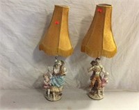Pair Porcelain Figurine Table Lamps