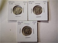 3 Mercury US Dimes, 1943,1944,1945 Denver Mint