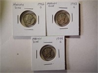 3 War Time Mercury US Dimes 1942,1943 1944 SF Mint
