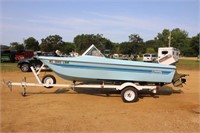 1980 fiberglass fishing boat, motor & trailer
