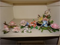 9 porcelain flowers: Capidomonte, Lenox & wood
