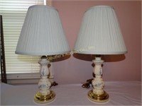 2 white & blue ceramic lamps w/ blue shades -lamp