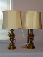 2 large brass lamps w/ shades - lamp 18"h shade