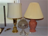 3 lamps: brass 13", mauve 12", glass lamp w/