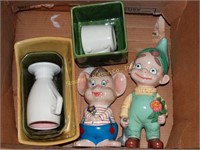 Box ceramic flower pots & gnome-like figures