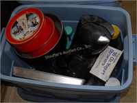 Box tins, food choppers, coffee pot, juice glass