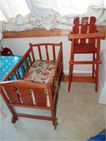 Childs toy/doll wooden highchair & wooden doll