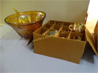 Gold carnival glass punch bowl set: bowl, ladle,