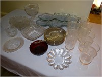 20+ pieces glass ware: blue serving tray, bowls,