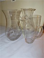 Etched glass: 2 pitchers & 1 vase
